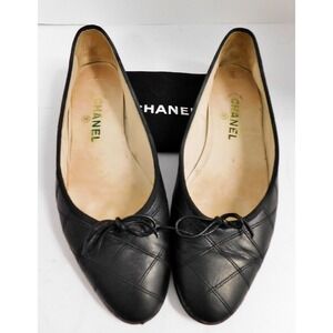 Chanel Ballet Flat Ballerina Bow Diamond Stitched Black Leather 40 | 9.5